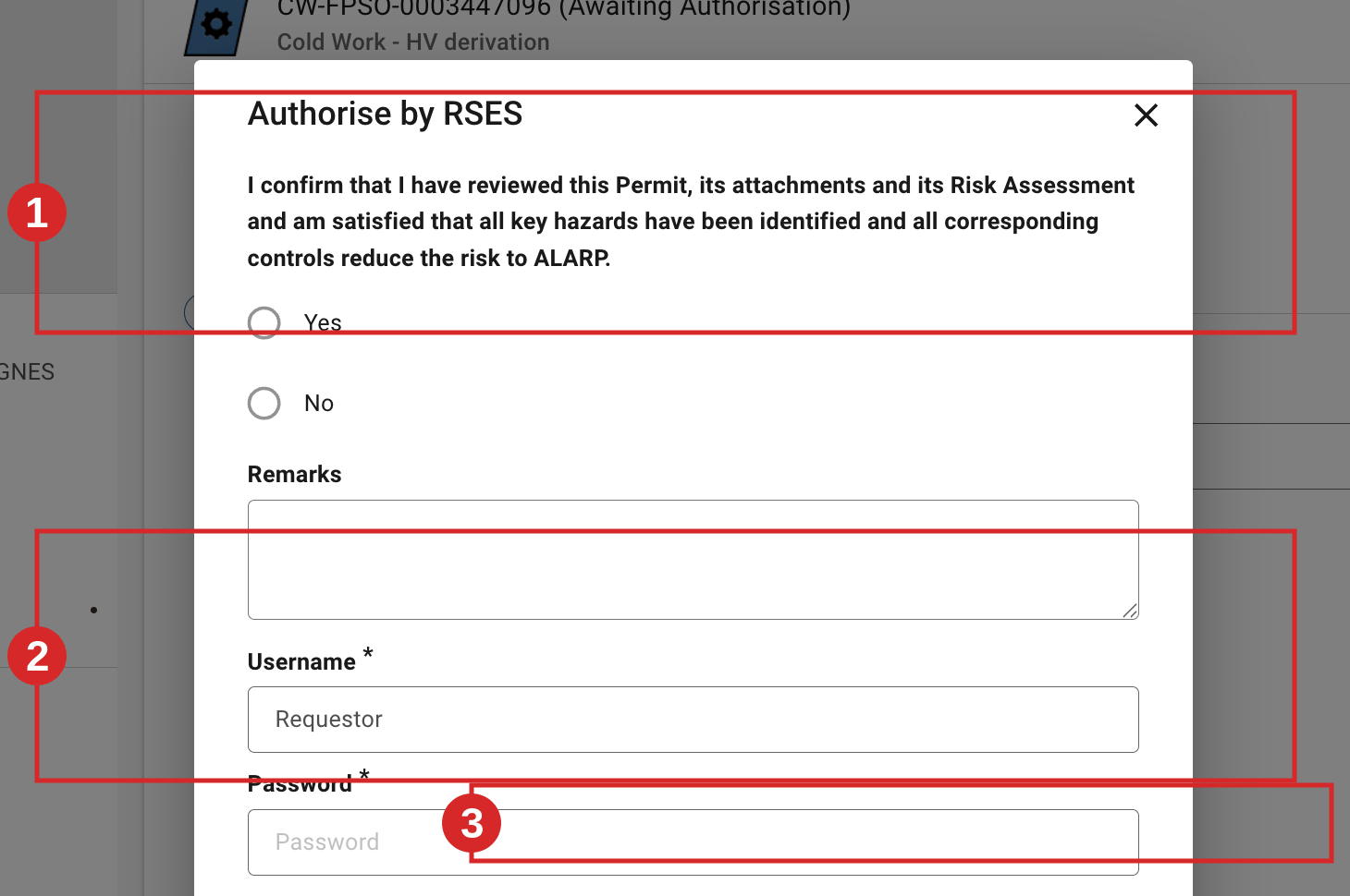 Confirm the ALARP self-declaration and sign the authorisation.