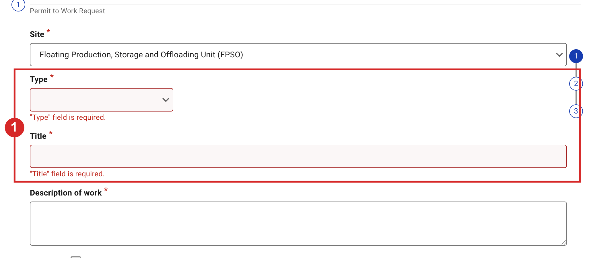 Required fields turn red and show a "field is required" message when left empty.