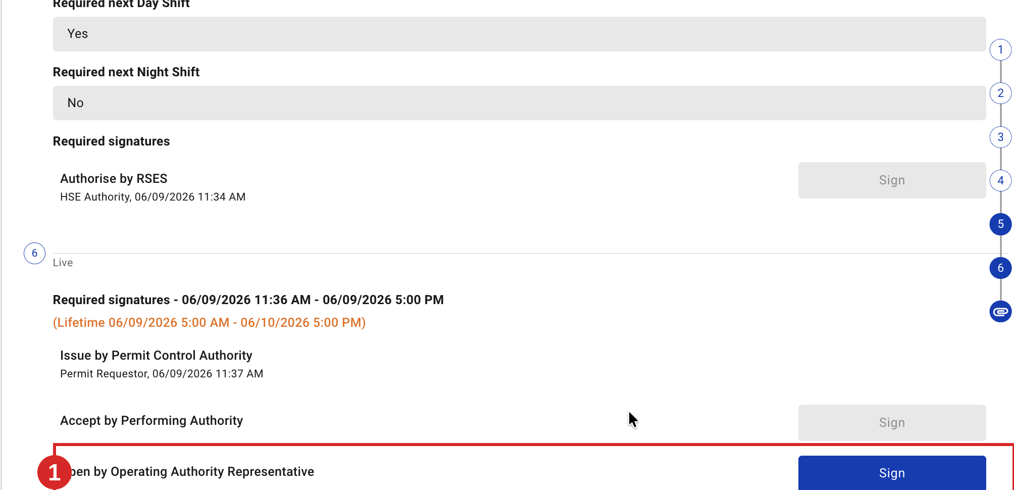 Locate the Open signature on an Awaiting Opening permit.