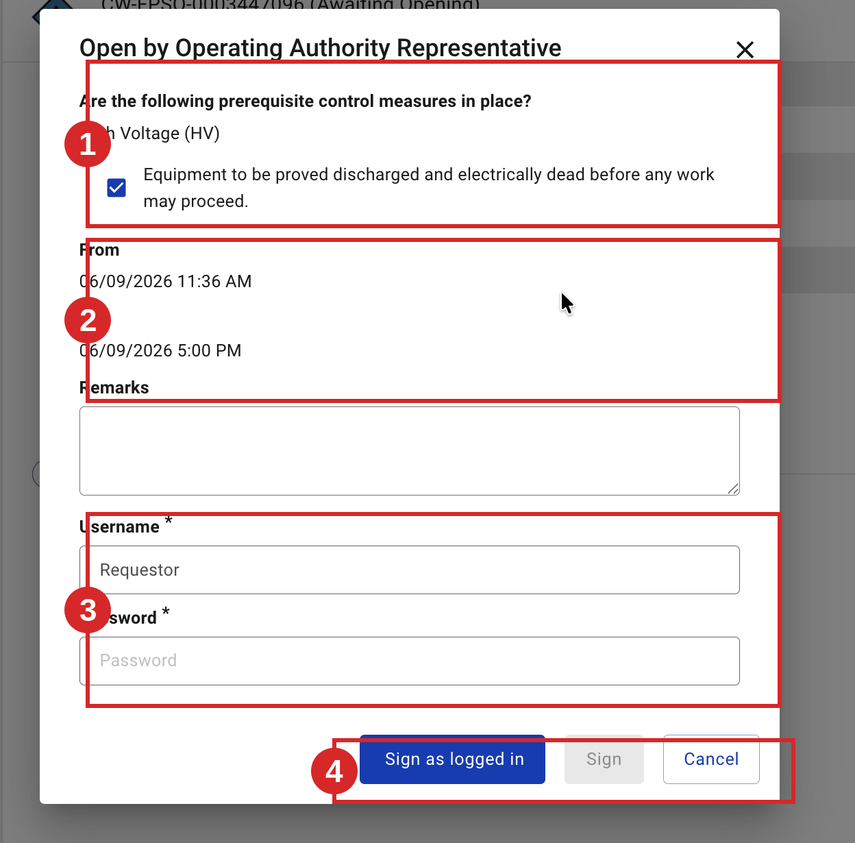 Confirm prerequisite controls and the period, then sign.